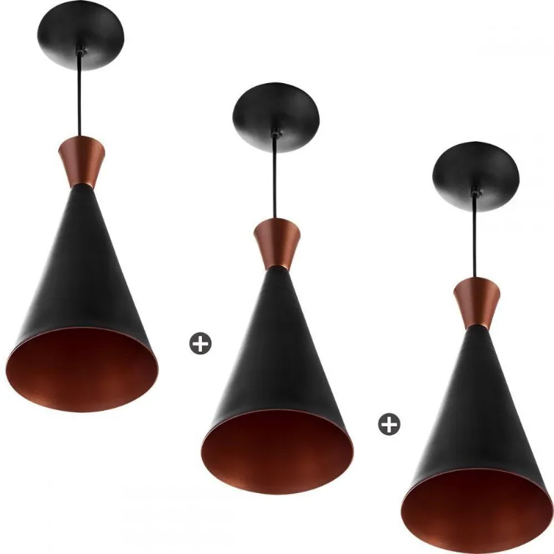 3 Pendentes Cone Preto Canadá Sala Cozinha Churrasqueir