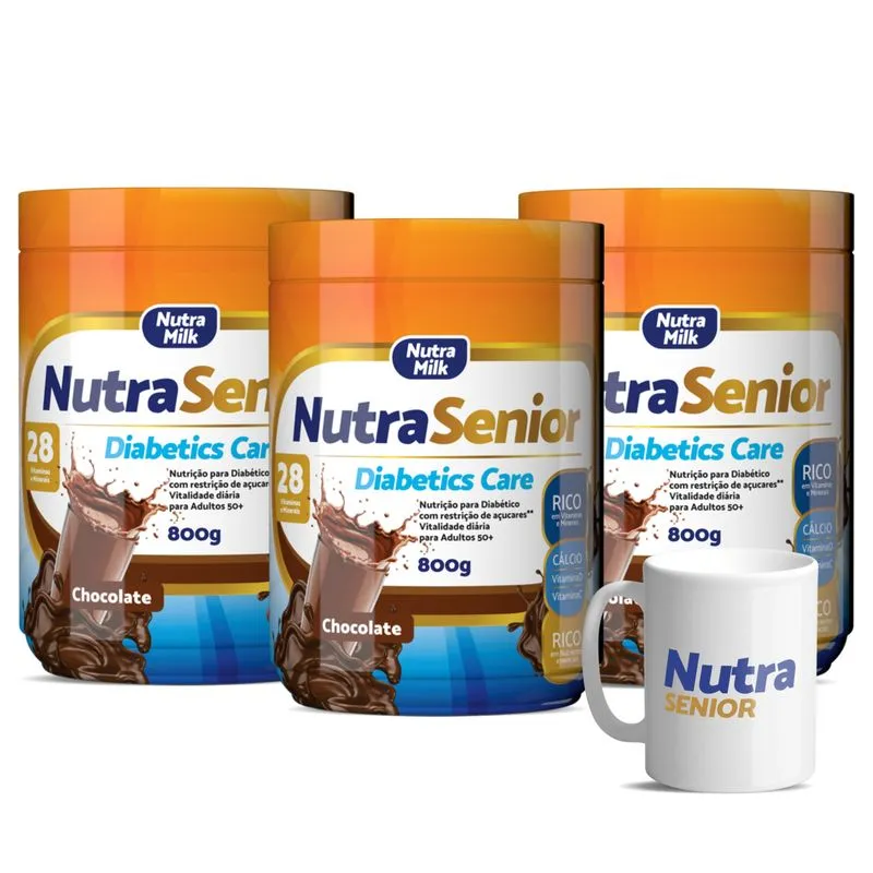 kit 3 Nutra Senior Adulto 50+ Diabetics Care 800g + Brinde Caneca Kit Chocolate + Caneca