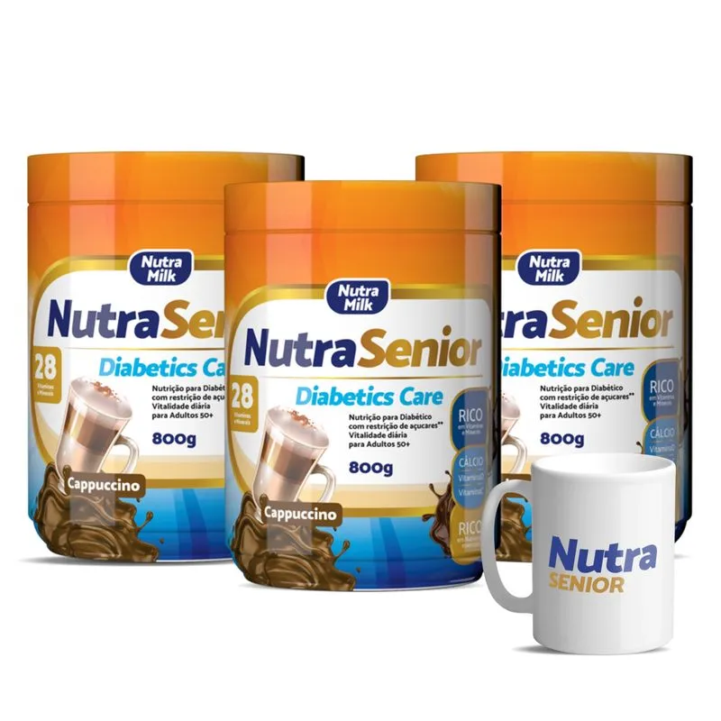 kit 3 Nutra Senior Adulto 50+ Diabetics Care 800g + Brinde Caneca Kit Cappuccino + Caneca