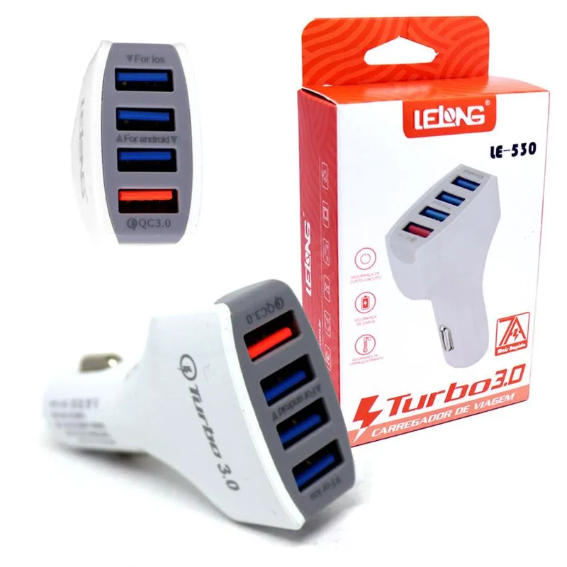 Carregador Veicular Turbo 3.0 LE-530 Lelong 7A Ultra Rápido 4 USBs Quick Charge Branco