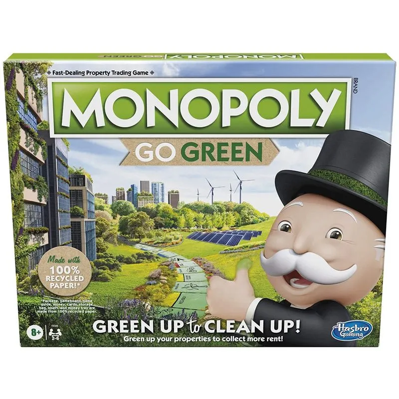 Monopólio: Go Green Edition Jogo Feito com peças de papel 100% reciclados e tokens plásticos à base de plantas, jogo de tabuleiro para famílias com 8 anos ou mais