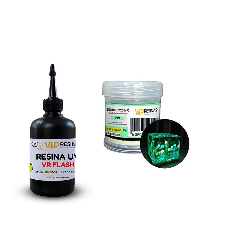 Kit Resina de Cura uv vr Flash 100g + Pó Fosforecente 15g