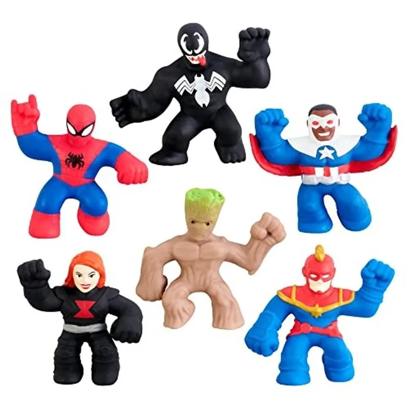 Heróis de Goo Jit Zu Marvel Minis - Mega 6 Pack. 6 Squishy, Stretchy, Gooey Mini Marvel Heroes 2.5 Alto - Homem-Aranha, Capitão América-Sam Wilson, Venom, Capitã Marvel, Groot e Viúva Negra