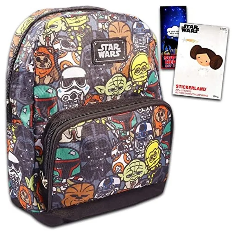 Mochila pré-escolar Disney Star Wars para crianças, crianças pequenas 4 peças de material escolar pacote com lona de 10 polegadas mini meninos e meninas, 295 adesivos, livro de colorir mais,