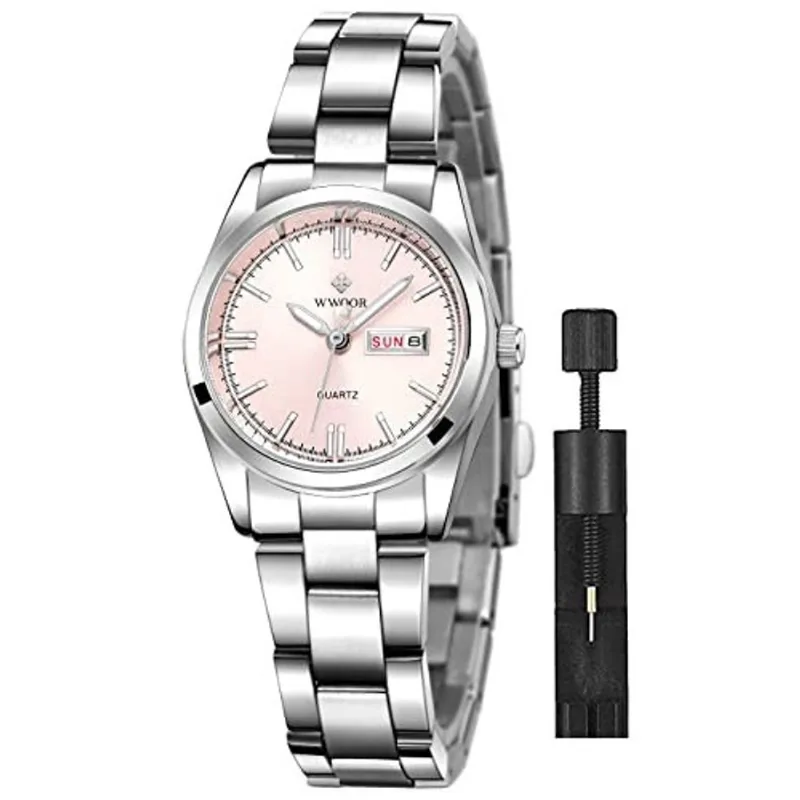 Women Fashion Watch Quartz Waterproof Inoxidless Steel Round Date Analog Casual Business Lady Watches (Rosa)