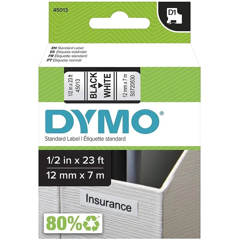 Dymo Authentic D1 Label l dymo Labels for LabelManager, colorpop e LabelWriter Duo Label Label Makers, Great for Organization, Uso Interno e Ao Ar Livre, 1/2 (12mm), Impressão Preta em Fita Branca, Re