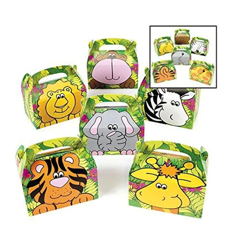 Adorox 12 Boxes Jungle Safari Zoo Animal Papelão Favoreça Caixas De Aniversário Festa De Aniversário Sacos De Leão Elefante Tigre Zebra