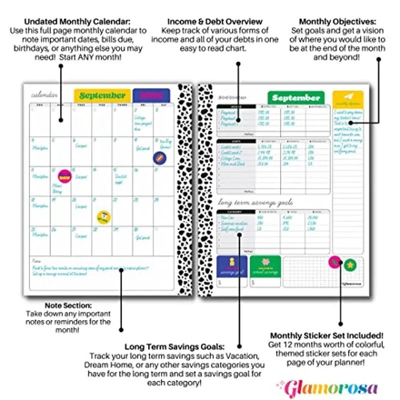 Glamorosa Budget Planner 2022- Planejador Mensal Não Datado, Bill &amp; Expense Tracker, Orçamento De Envelopes De Caixa, Dívida, Renda E Fis