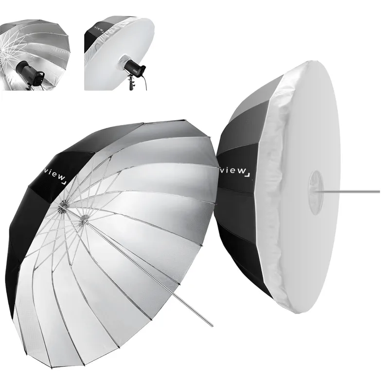 Sombrinha Parabólica Deep Preto Refletiva Prata 16 Varetas com Difusor Branco (165cm)
