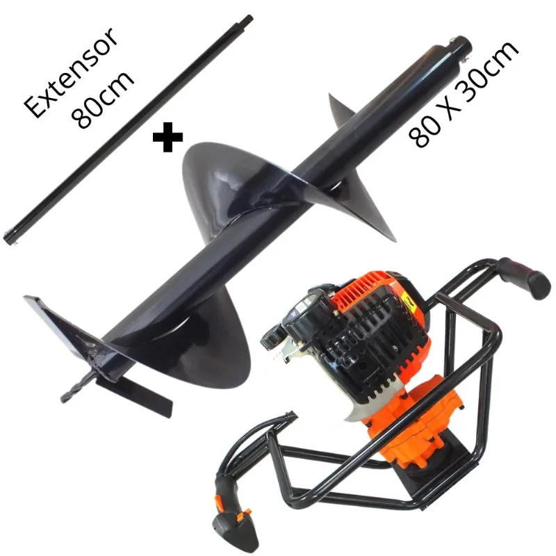 Perfurador De Solo Profissional Á Gasolina Vulcan Vps520 2t 52cc 2,5hp Broca 80x30cm + Extensor De 80cm Econômico E Eficiente Na Construção Civil