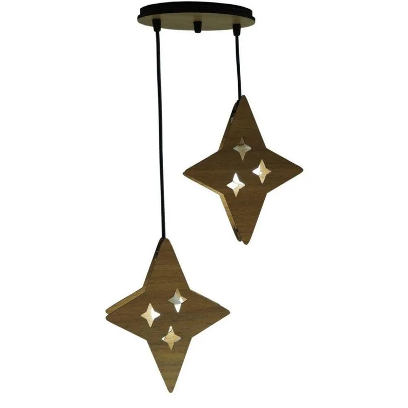 Lustre Pendente Luminária Estrelas Madeira Marrom