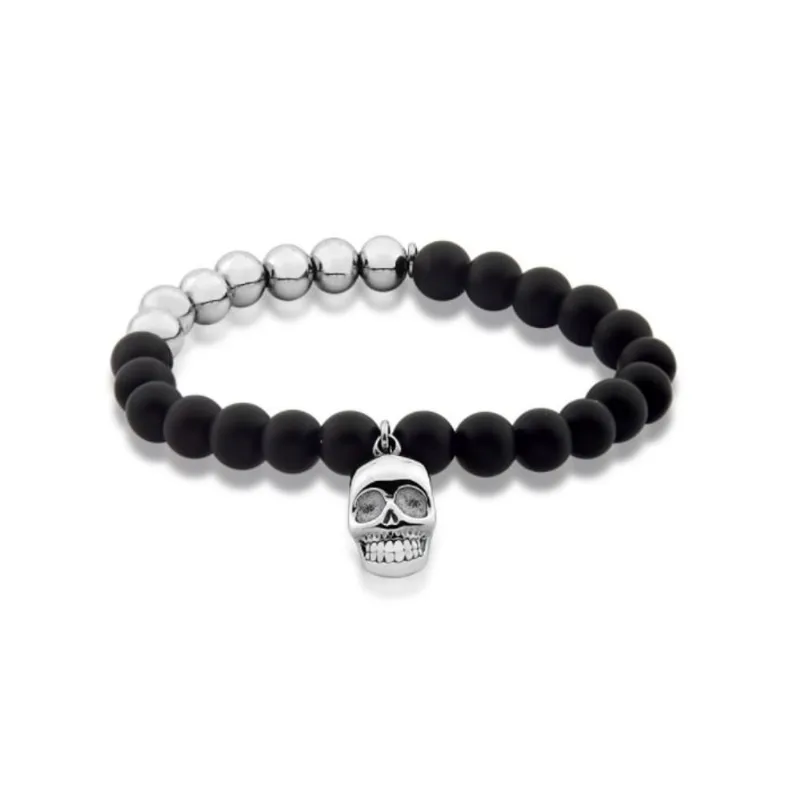 Pulseira Com Pedras Vulcânicas E Pingente Caveira Em Aço