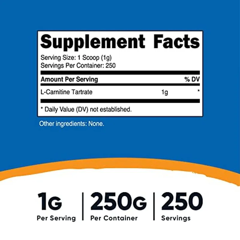 Nutricost L-carnitina Tartrate Powder (250 Gramas) - 1 Grama Por Porção, 250 Porções