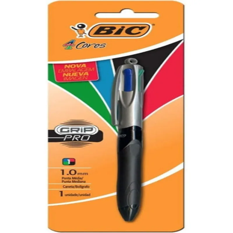 Caneta Bic 4 Cores Retratil Emborrachada Grip Pro 1.0 4 Em 1 Cor Do Exterior Preto/cinza
