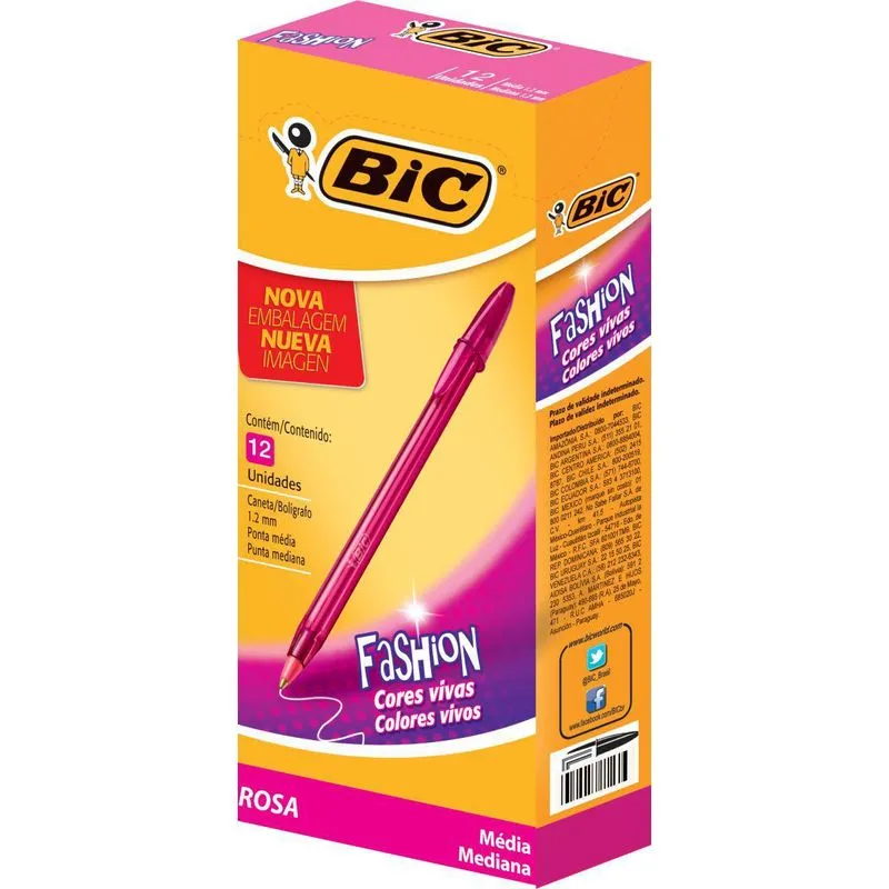 Caneta Esferográfica Cristal Fashion Rosa - 12 Unidades