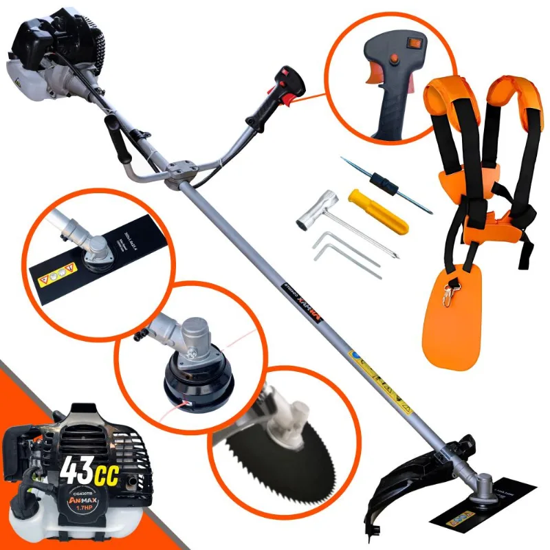Máquina De Cortar Grama À Gasolina Anmax Cg430-b 43cc 1,7hp 12.000rpm Roçadeira Lateral Com Carretel Nylon E Faca 2 Pontas + Lâmina Disco 80 Dentes