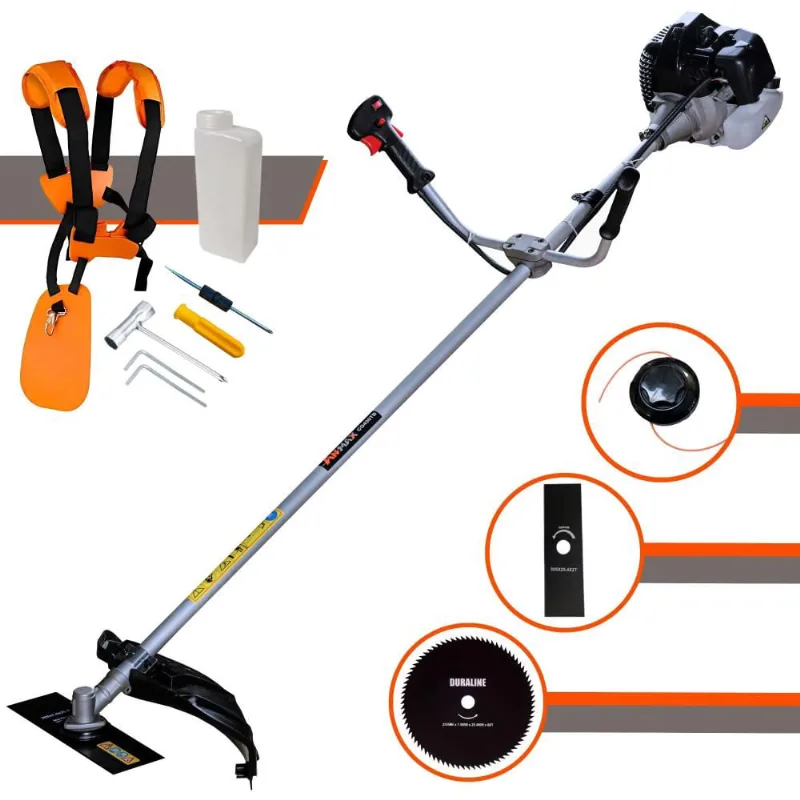 Roçadeira Anmax CG430-B à Gasolina Motor 2T 43cc 1,7HP de Potência 12.000rpm Profissional Multifuncional Com 3 Opções de Cortes, Lâmina 2 Pontas + Lâmina Circular 80 Dentes + Carretel de Nylon