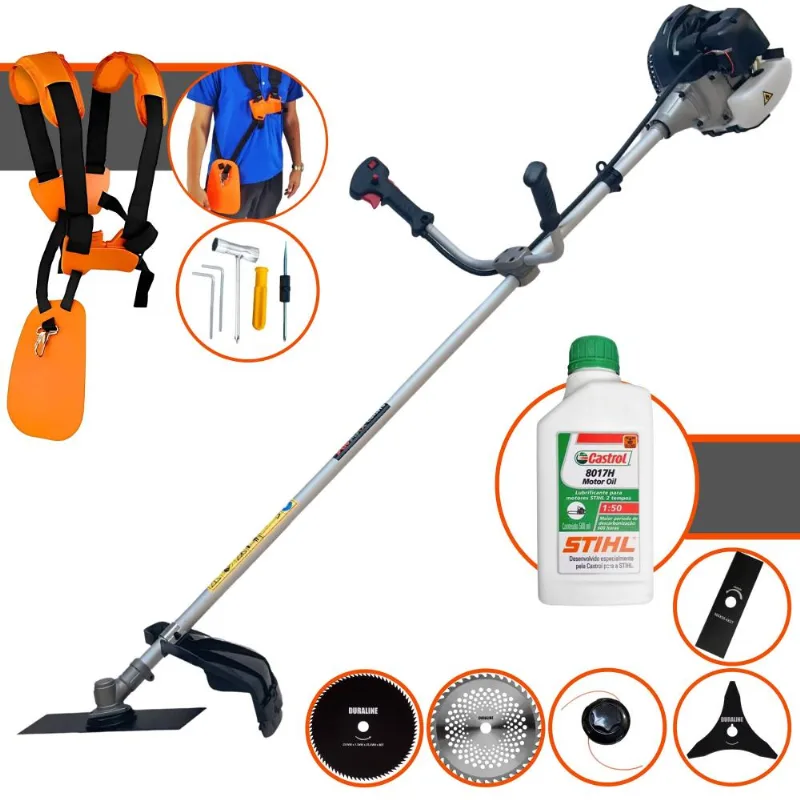 Roçadeira Anmax Cg430-b À Gasolina 2t 43cc 1,7hp Com Faca 2 Pontas + Faca 3 Pontas + Faca 40 Dentes + Faca 80 Dentes + Carretel De Nylon + Óleo Stihl