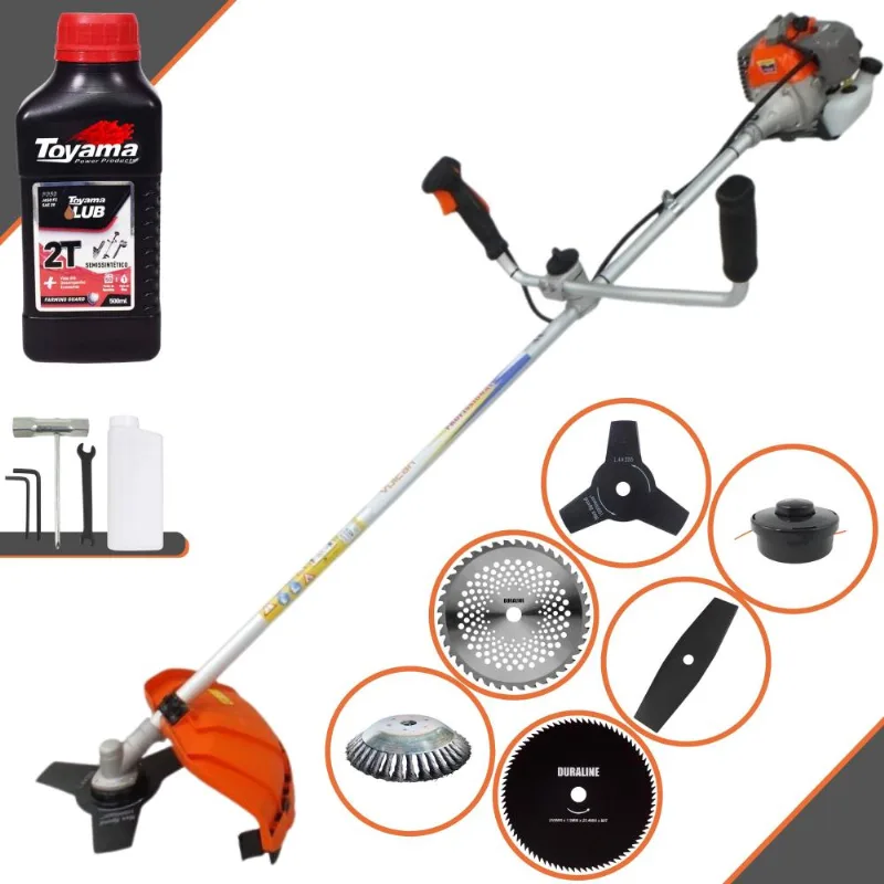 Cortador De Grama Vulcan Vr330-p À Gasolina 33cc 1,2hp 10.000rpm 6 Em 1 Com Guidão Antivibração Carretel De Nylon + Kit 4 Facas + Escova + Óleo Toyama