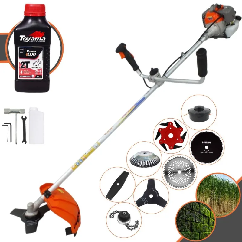 Roçadeira Completa À Gasolina Vulcan Vr330p Motor 2 Tempos 33cc 1,2hp Alta Performance Com Carretel De Nylon + Kit 7 Opções De Corte + Óleo Toyama 2t