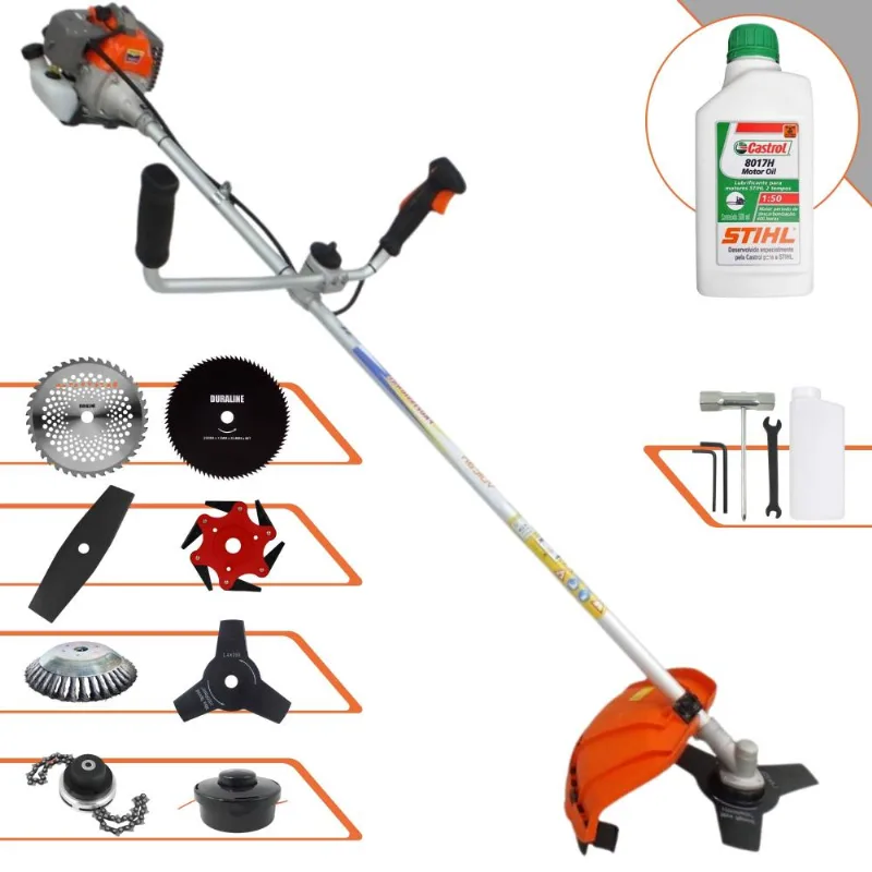 Roçadeira Vulcan Vr330p 33cc 1,2hp Com Carretel + Facas 2 Pontas, 3 Pontas, 6 Pontas, 40 Dentes Vídea, 80 Dentes, Trimmer, Escova De Aço + Óleo Stihl