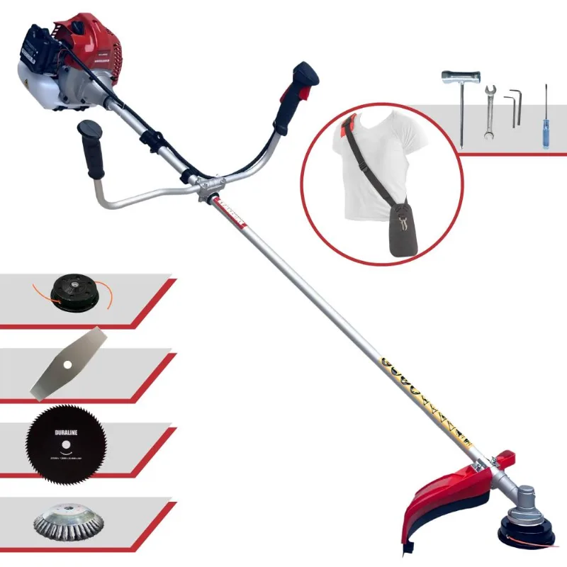 Roçadeira À Gasolina Kawashima Bcj431l Tb 43cc 1,7hp Alta Rotação Com 4 Opções De Corte Com Carretel + Faca 2 Pontas + Faca 80 Dentes + Escova De Aço