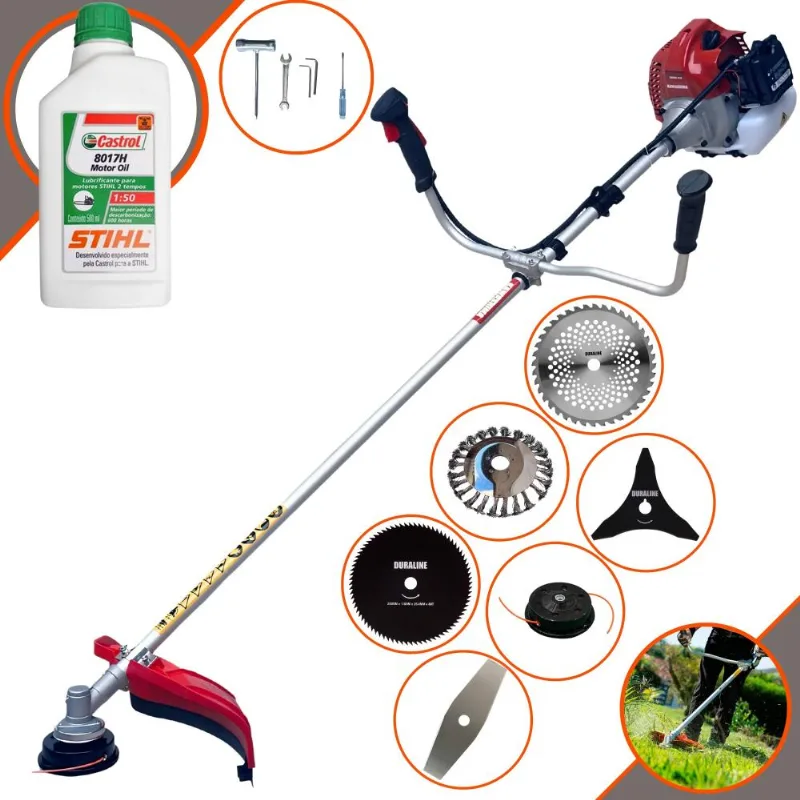 Roçadeira Aparador De Grama À Gasolina Kawashima Bcj521-l 52cc 2,5hp 10.000rpm Completo Com Kit 4 Lâminas + Carretel + Escova De Aço + Óleo Stihl 2t