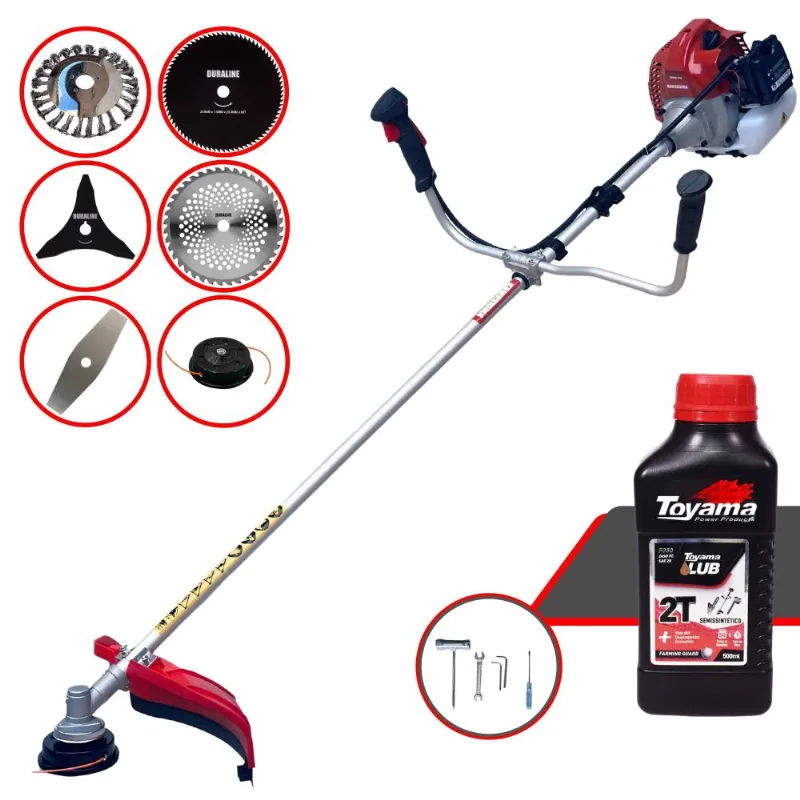 Roçadeira Cortador De Grama À Gasolina Kawashima Bcj521-l 52cc 2,5hp 10.000rpm Completo Com Kit 4 Lâminas + Carretel + Escova De Aço + Óleo Toyama 2t
