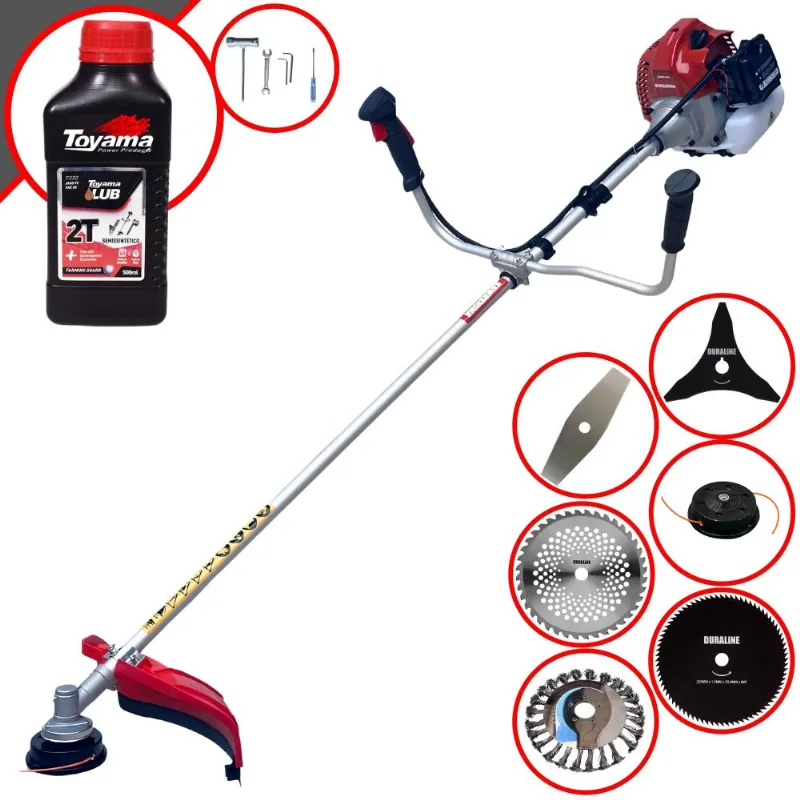 Roçadeira Kawashima Bcj521l À Gasolina 52cc 2,5hp 6 Em 1 C/ Carretel + Faca 2 Pontas, 3 Pontas, 40 Dentes E 80 Dentes + Escova De Aço + Óleo Toyama