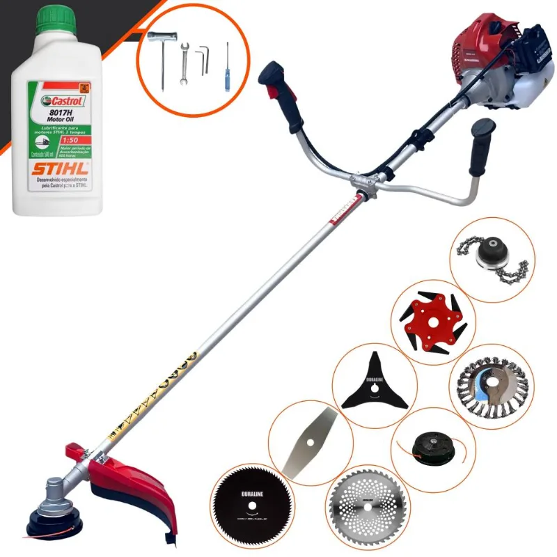 Roçadeira Profissional Kawashima Bcj521l À Gasolina 2t 52cc 2,5hp De Potência Alta Rotação Com Carretel De Nylon + Kit 7 Opções De Cortes + Óleo Stihl