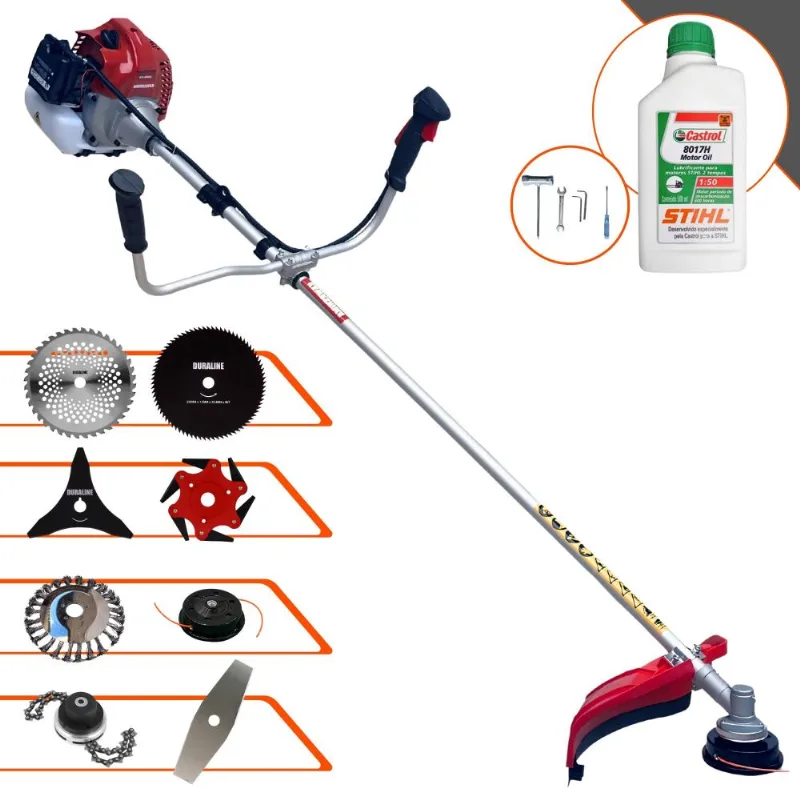 Roçadeira Robusta Kawashima Bcj521-l À Gasolina 52cc 2,5hp Para Todos Os Tipos De Trabalho Com Carretel Nylon + Kit De 7 Opções De Cortes + Óleo Stihl