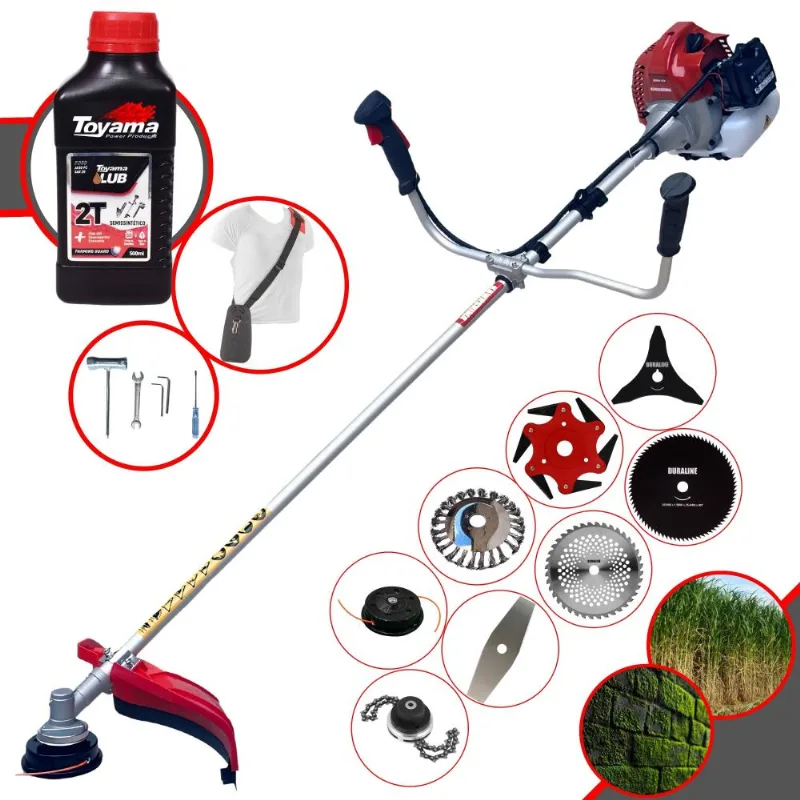 Roçadeira Kawashima Bcj521l 52cc 2,5hp C/ Carretel + Lâminas 2 Pontas, 3 Pontas, 6 Pontas, 40 Dentes, 80 Dentes, Trimmer E Escova De Aço + Óleo Toyama