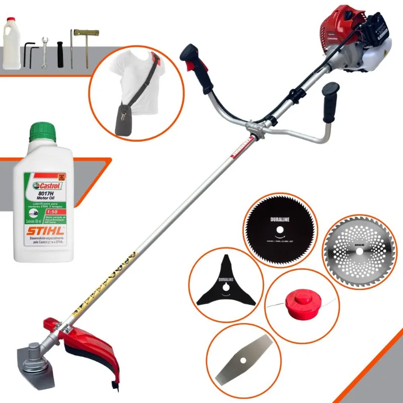 Roçadeira Multifunções À Gasolina Kawashima Bcj620-l 12.000rpm 62cc 3hp Completa Com 5 Opções De Cortes, Carretel E Kit 4 Facas + Óleo Stihl 8017