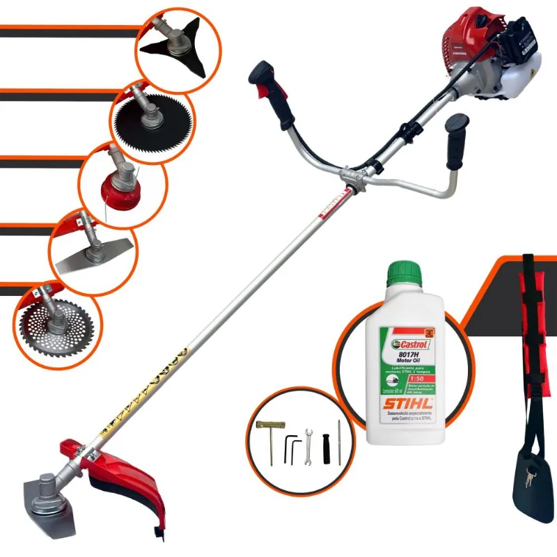 Roçadeira Robusta Kawashima Bcj620l À Gasolina 3hp 62cc Com Carretel, Faca 2 Pontas, Faca 3 Pontas, Faca 40 Dentes, Faca 80 Dentes + Óleo Stihl 2t