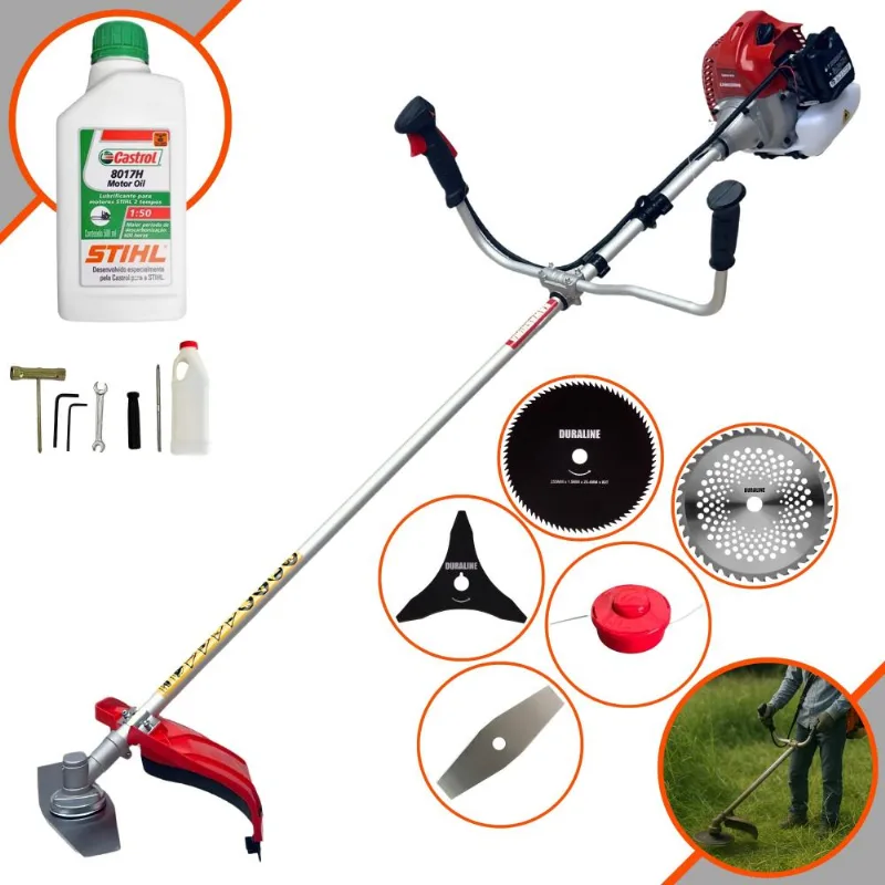 Roçadeira Multifunções Kawashima Bcj620l 62cc 3hp 10.000rpm Com Carretel E Faca 2 Pontas + Faca 3 Pontas, Faca 40 Dentes, Faca 80 Dentes + Óleo Stihl