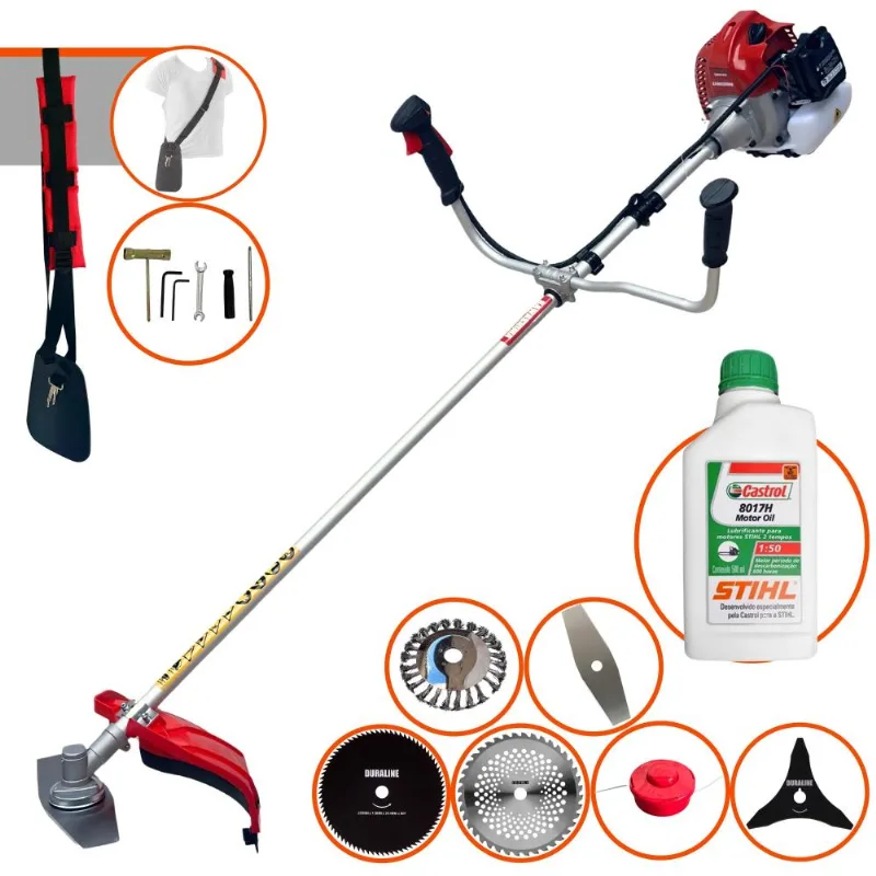 Roçadeira Podador De Grama Kawashima Bcj620l À Gasolina 62cc 3hp Com 6 Opções De Cortes, Carretel + Kit 4 Facas + Escova De Aço + Óleo Stihl 2t