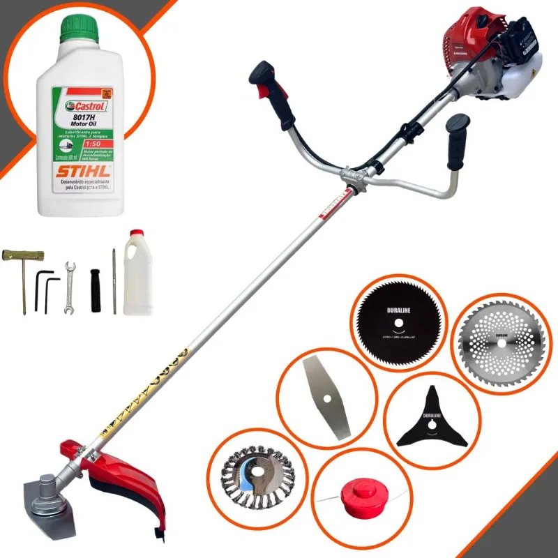 Máquina De Cortar Grama Multifuncional Kawashima Bcj620l À Gasolina 62cc 3hp De Potência 10.000rpm 2t Roçadeira Completa 6 Em 1 + Óleo Stihl 8017
