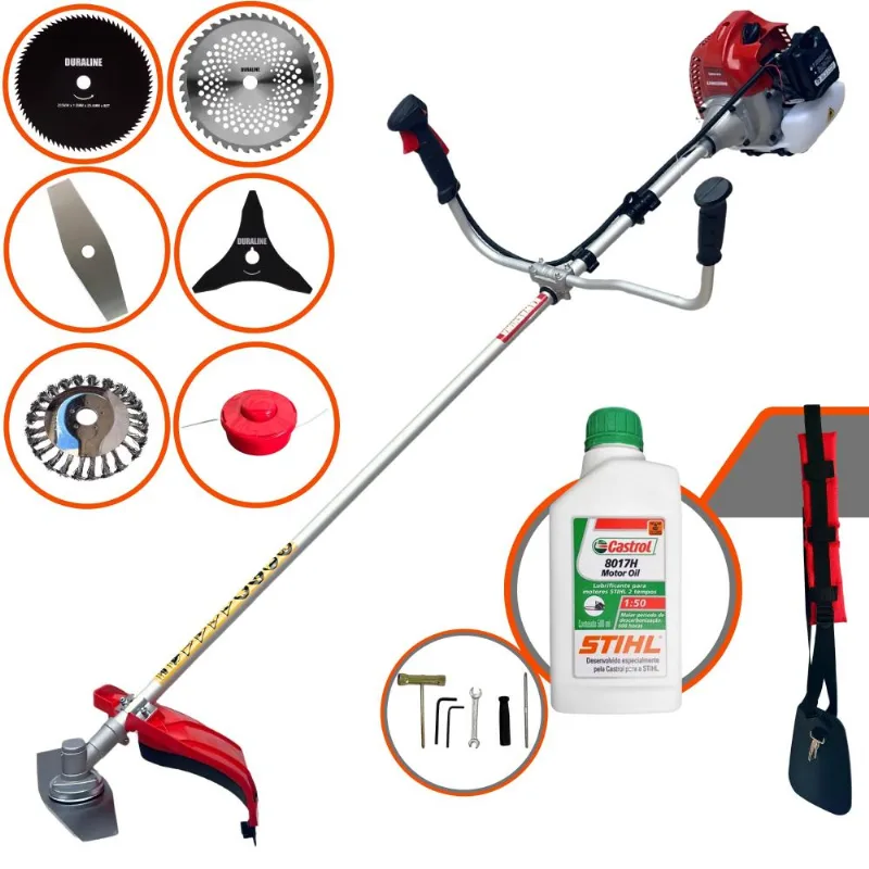 Aparador De Grama Profissional À Gasolina Kawashima Bcj620l 62cc 3hp 10.000rpm Roçadeira Multifuncional Lateral Com 6 Opões De Cortes + Óleo Stihl 2t