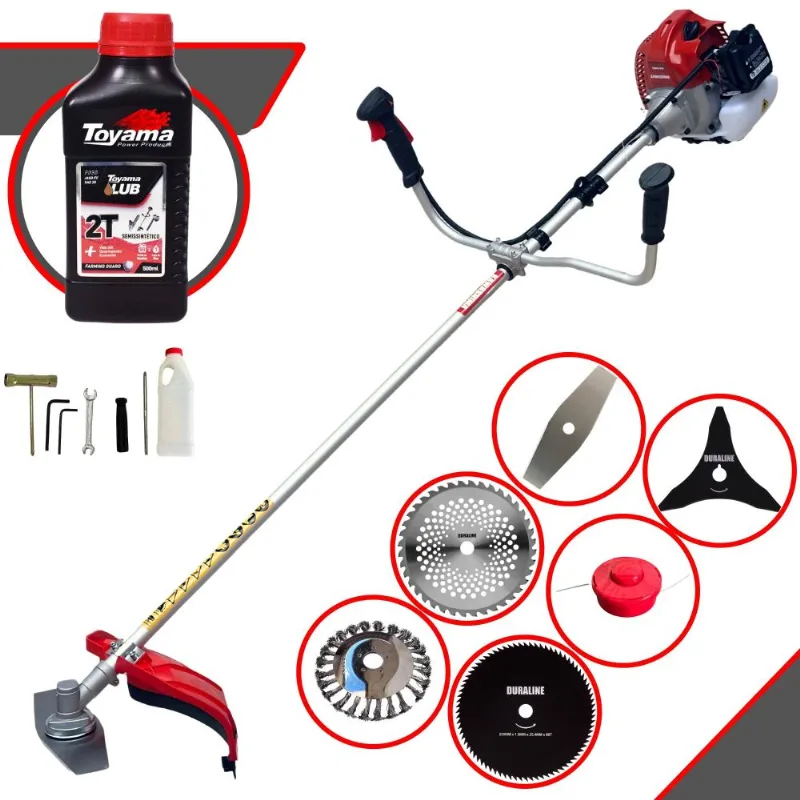 Roçadeira Cortador De Grama À Gasolina Kawashima Bcj620-l 62cc 3hp 10.000rpm Completo Com Kit 4 Lâminas + Carretel + Escova De Aço + Óleo Toyama 2t
