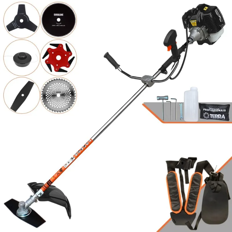 Roçadeira Profissional Completa Terra Grh-520 À Gasolina 2t 52cc 2,5hp De Potência Alta Rotação Com Carretel De Nylon + Kit 5 Lâminas De Cortes