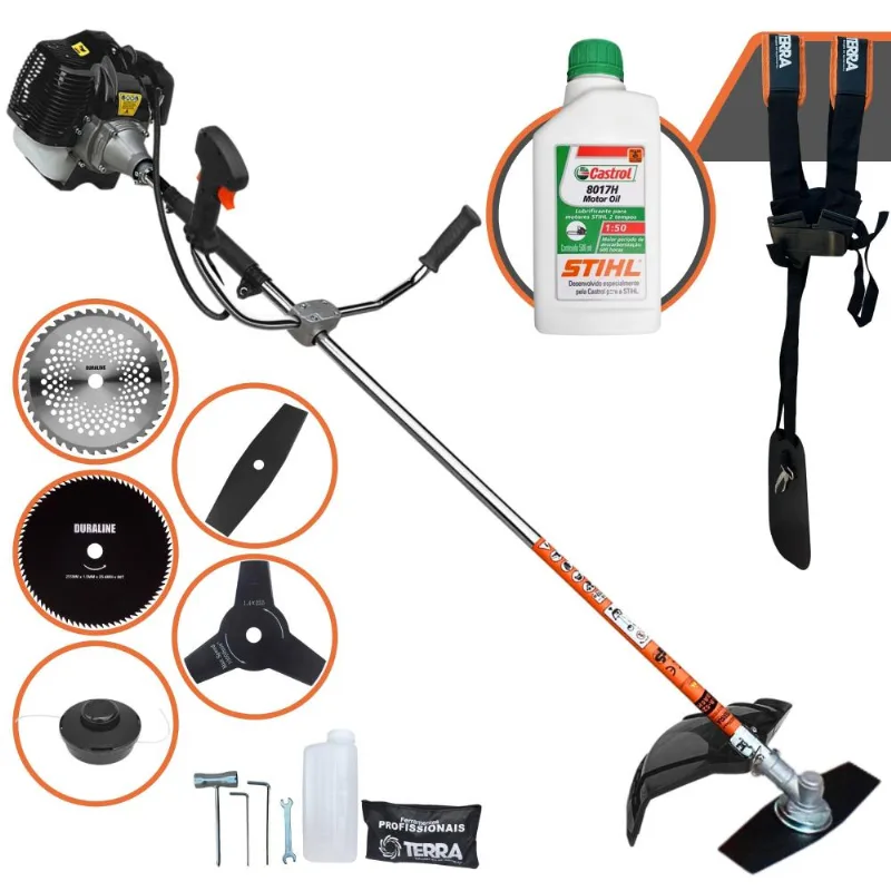 Roçadeira Cortador De Grama Lateral À Gasolina Terra Grh520 52cc 2,5hp Completa 5 Em 1 Com Carretel Nylon + 4 Lâminas De Corte + Óleo Stihl 2 Tempos