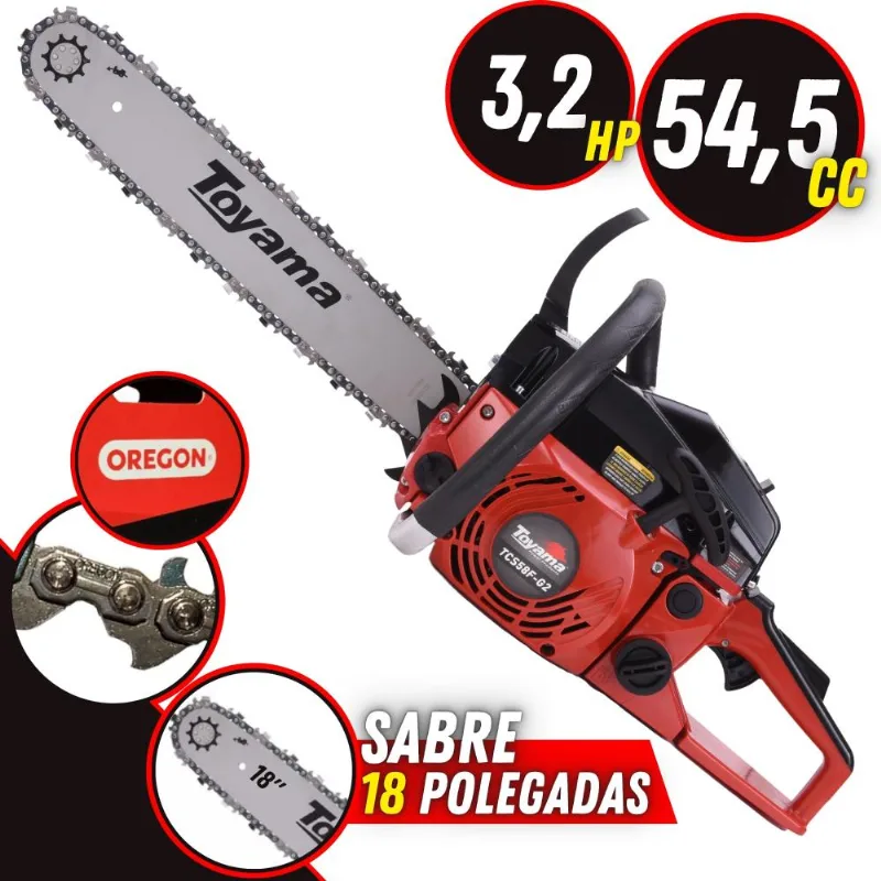 Motosserra Toyama TCS58FG2 à Gasolina 3,2HP 55cc Alto Desempenho Motosserra Profissional Robusta e Resistente com Sabre 18 Polegadas + Óleo 2 Tempos