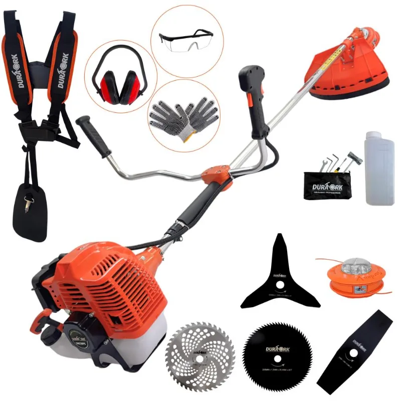 Roçadeira À Gasolina Duratork DR520P5 52cc 2,5hp De Potência 10.500rpm 2T Completa Com Vela Champion + Cabeçote Nylon + Kit 4 Lâminas De Cortes + EPI