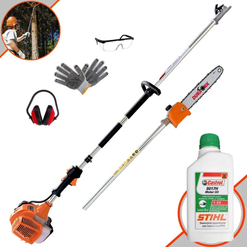 Motopodador Profissional À Gasolina Duratork Dpg520l 52cc 2,5hp 10.500rpm Para Corte De Galhos Com Sabre 30cm E Alcance De 5m Com Kit Epi + Óleo Stihl