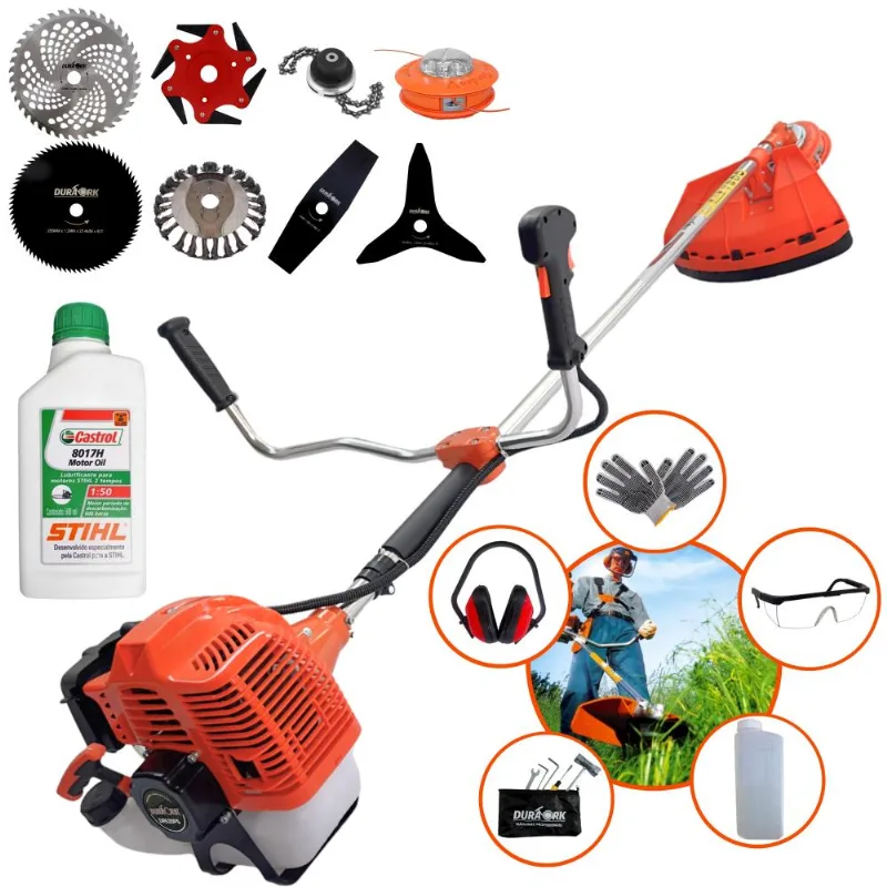 Roçadeira Duratork DR520P5 2,5HP 52CC + Facas 2 Pontas, 3 Pontas, 6 Pontas, 40 Dentes Vídea, 80 Dentes, Trimmer, Carretel E Escova + EPI + Óleo Stihl