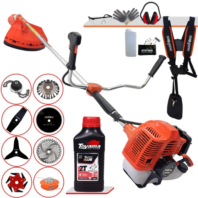 Roçadeira Duratork Dr520p5 2,5hp 52cc + Facas 2 Pontas, 3 Pontas, 6 Pontas, 40 Dentes Vídea, 80 Dentes, Trimmer, Carretel E Escova + Epi + Óleo Toyama