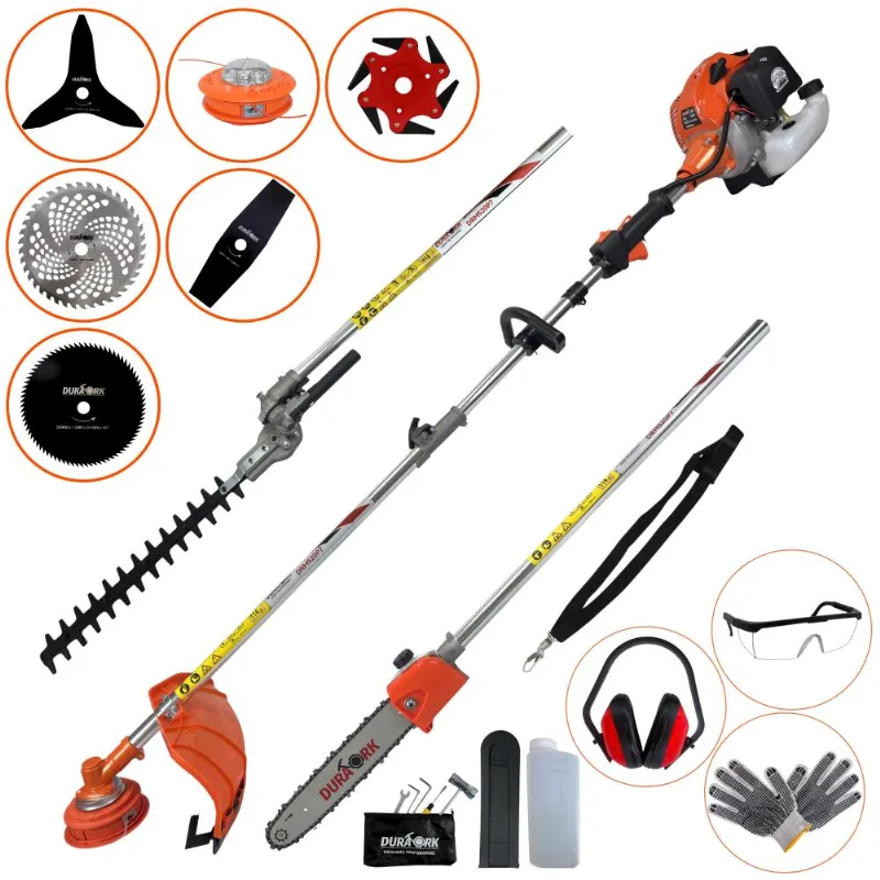 Podador De Grama Multifuncional Duratork Drm520p7 52cc 8 Em 1 Com Cabeçote De Nylon + 5 Lâminas De Cortes + Sabre 30cm + Aparador De Cerca Viva + Epi