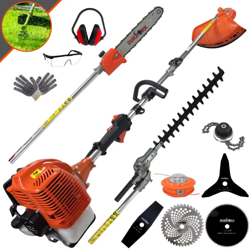 Cortador de Grama 8 em 1 Duratork DRM520P7 52cc 2,5HP 10500RPM com Faca 2P, 3P, 40D, 80D, Carretel Carga Rápida, Trimmer, Sabre 12, Esqueletador e EPI