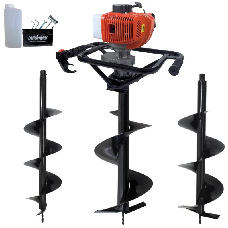 Perfurador de Solo Profissional Duratork DPS523G à Gasolina 2T 52cc 2,5hp de Potência + Kit 3 Brocas 80x20 80x25 80x30 para Plantio e Construção Civil