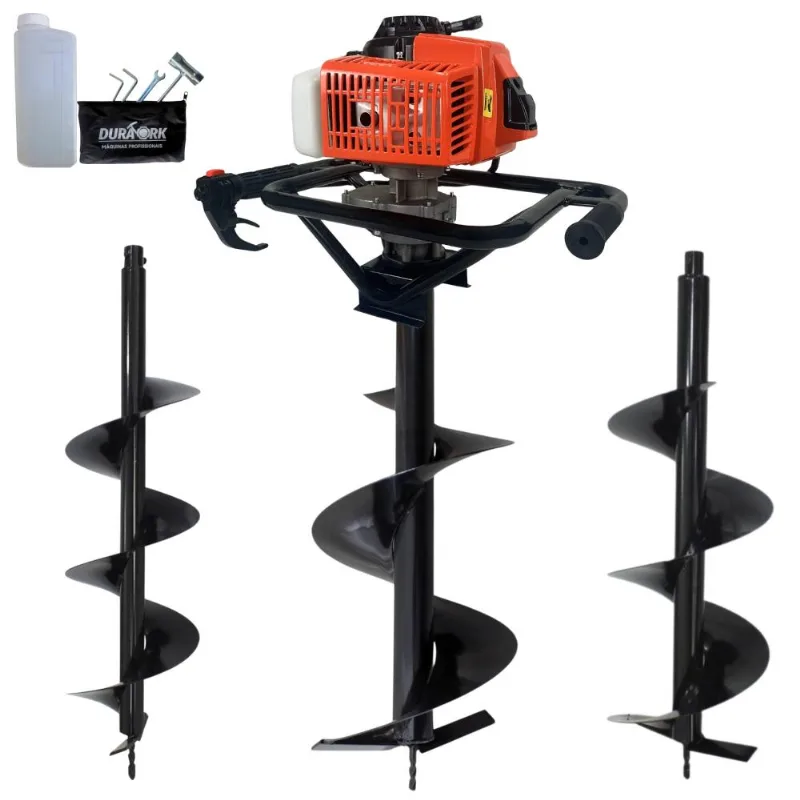 Perfurador De Solo Polaca Cavadeira Duratork Dps623g À Gasolina 2t 62cc 3hp Alta Rotação Para Construção Civil + Brocas 80x20cm, 80x25cm E 80x30cm